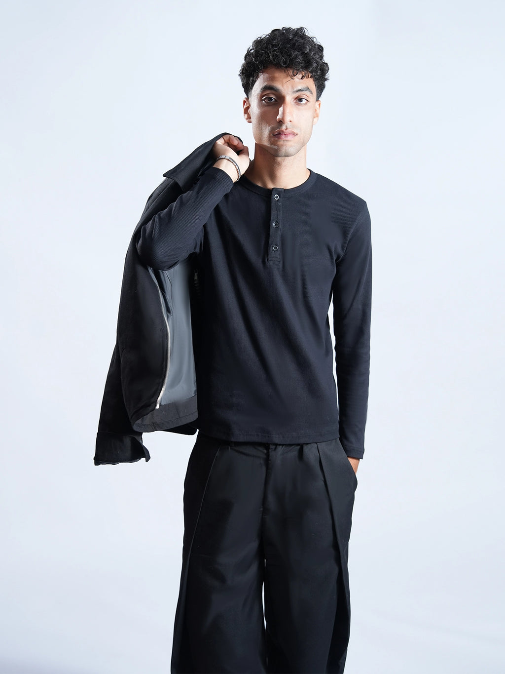 Black Relaxed Fit Long Sleeve Henley