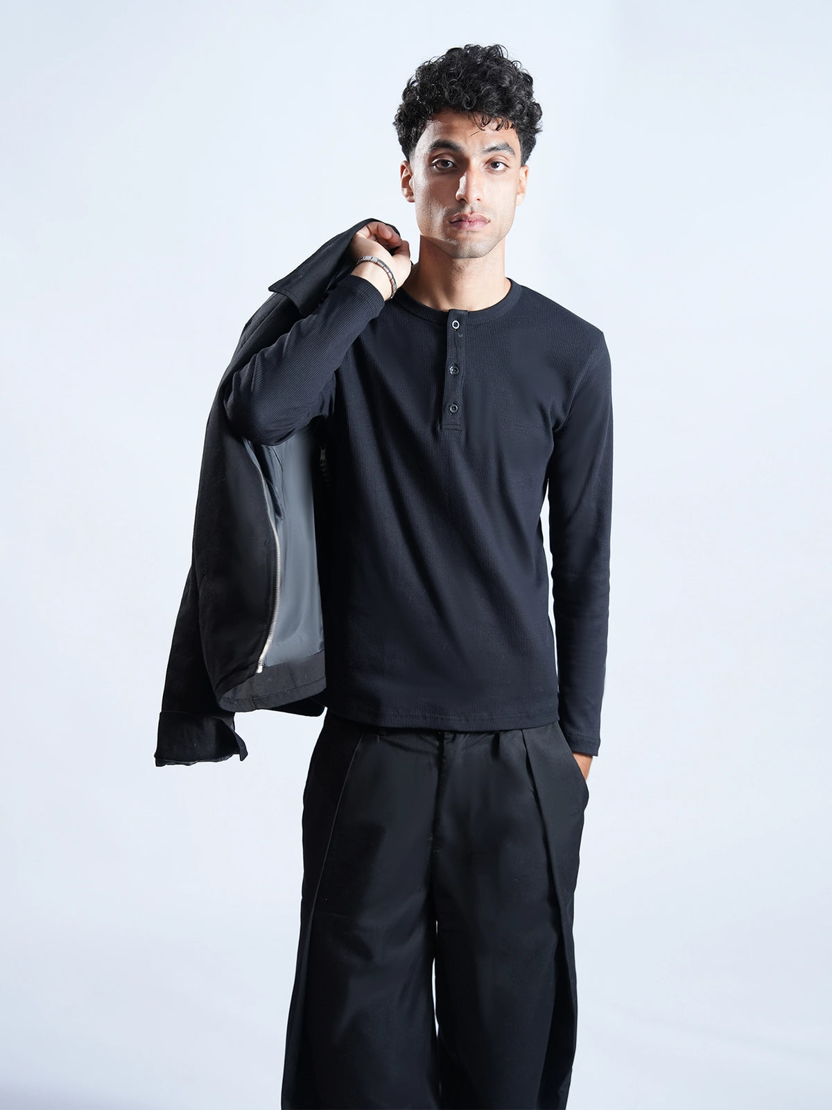 Black Relaxed Fit Long Sleeve Henley