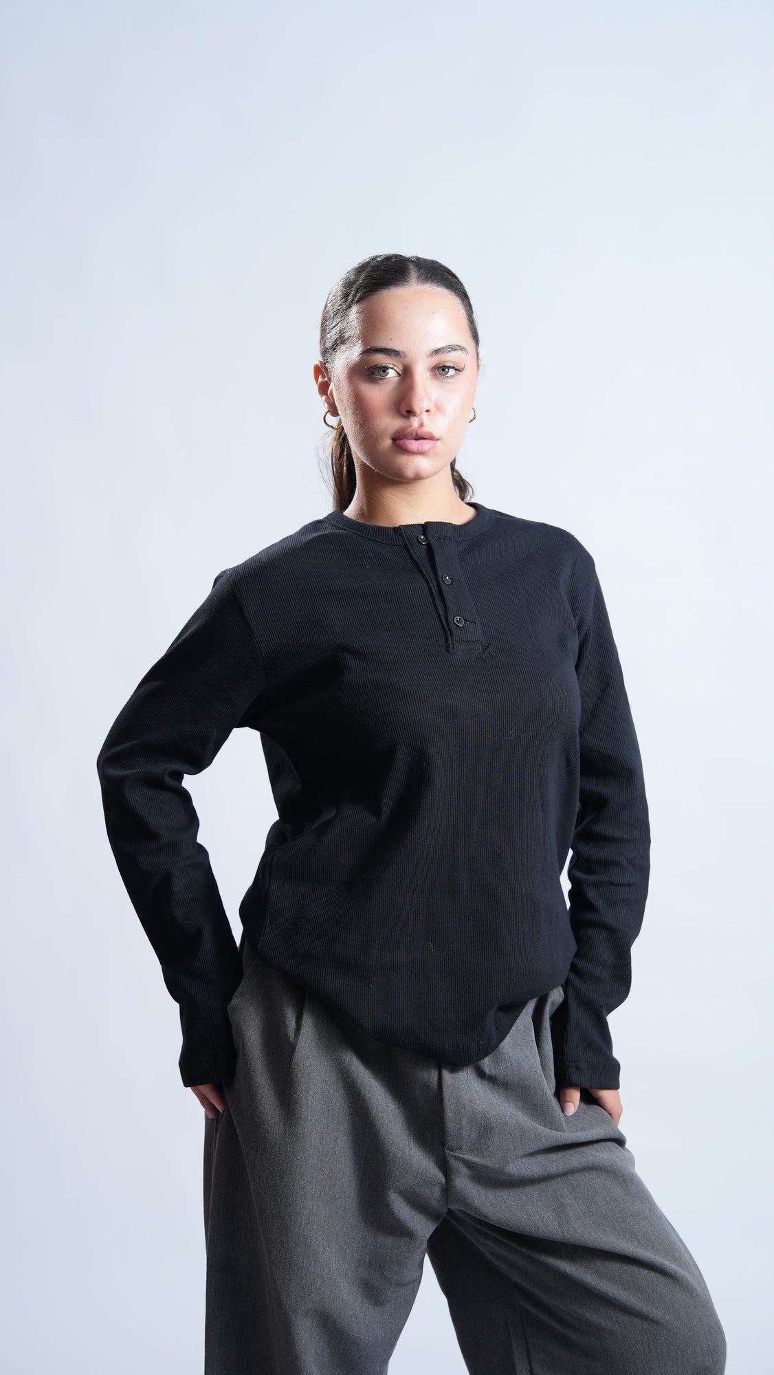 Black Relaxed Fit Long Sleeve Henley