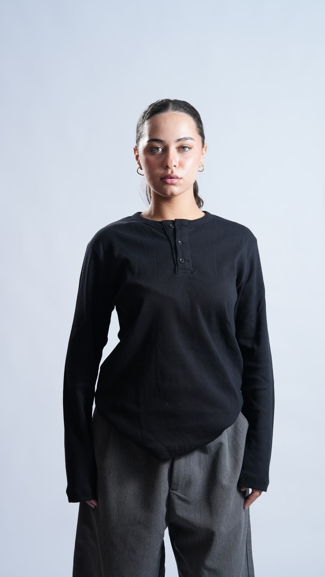 Black Relaxed Fit Long Sleeve Henley