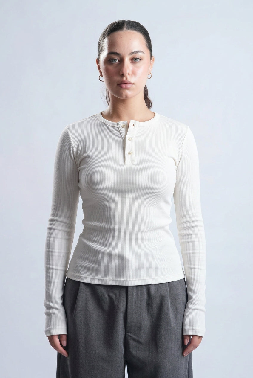 White Relaxed Fit Long Sleeve Henley