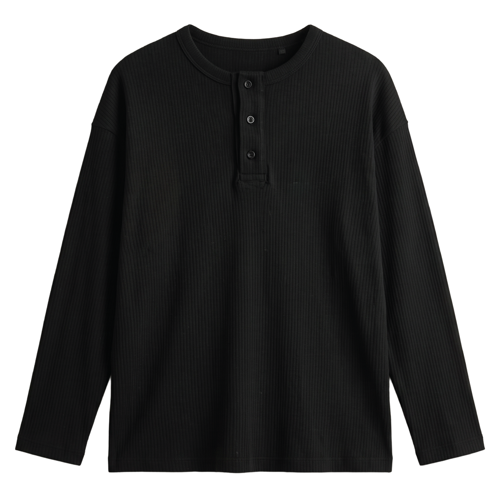 Black Relaxed Fit Long Sleeve Henley